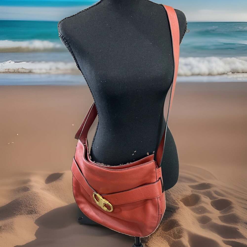 Tory Burch Gemini Link Redwood Leather Large Crossbody Hobo Purse  Boho Chic